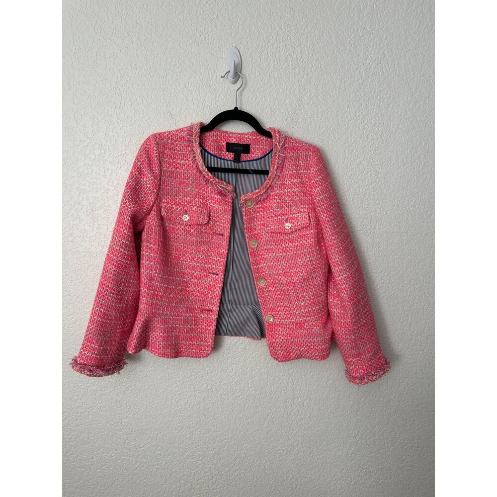 J Crew Jacket Womens 6 Pink Tweed Lady Boucle Coquette Classic Fringe Peplum